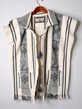 Natural Rough Woven Southwestern Fringe Vest Cream Gray Boho One Size